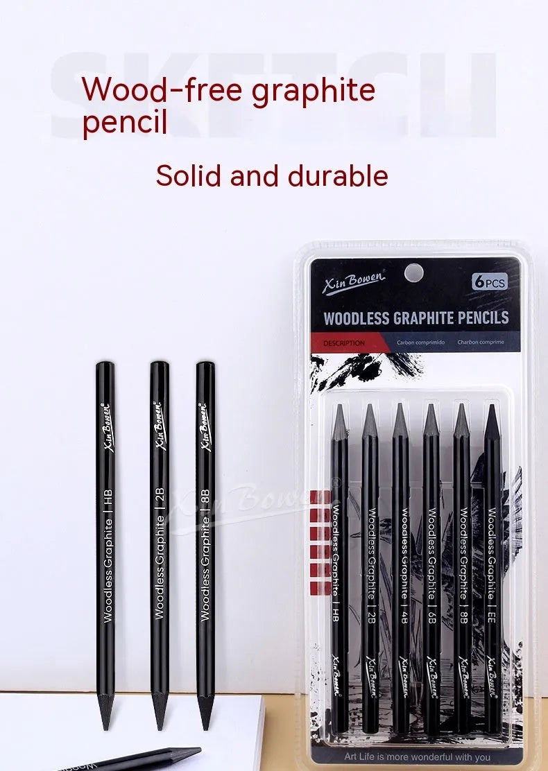 Set of six wood-free graphite sketching pencils in grades HB 2B 4B 6B 8B EE