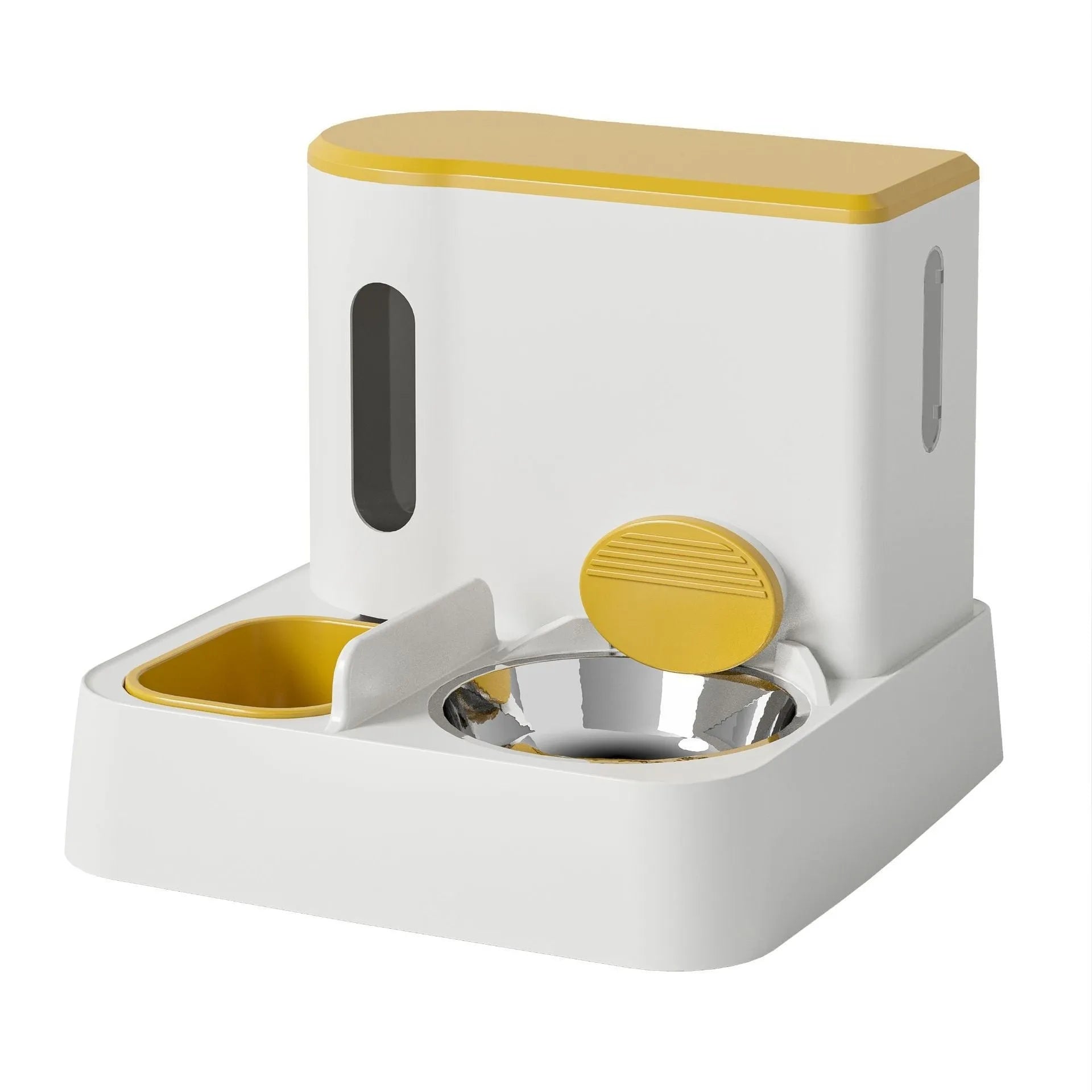 Automatic cat feeder and water dispenser with integrated double bowl in grey, green, or yellow