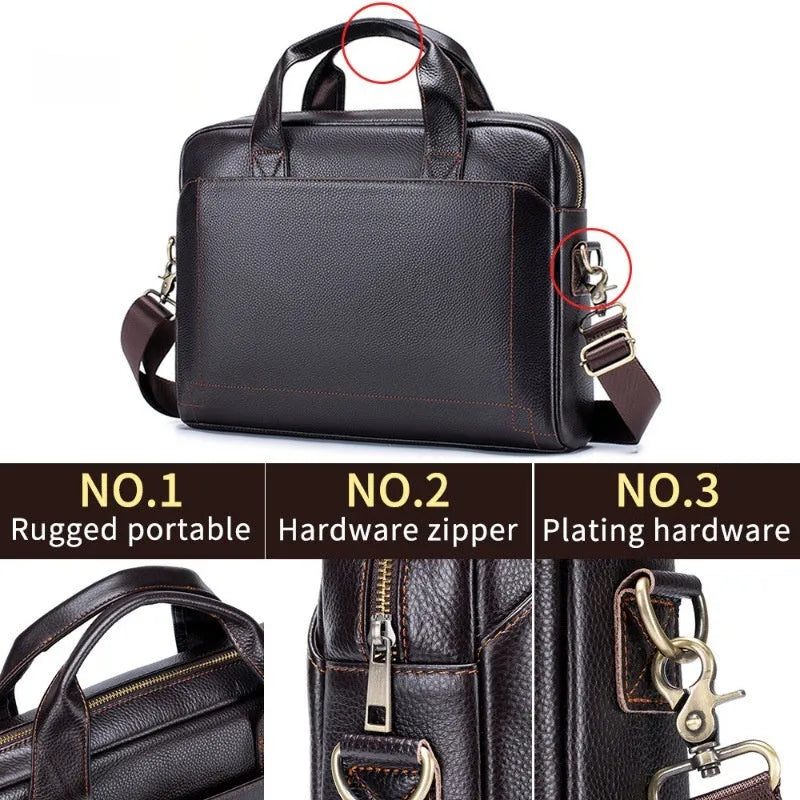 Men's 15-inch genuine cowhide portfolio bag in black, simple style, waterproof leather laptop briefcase