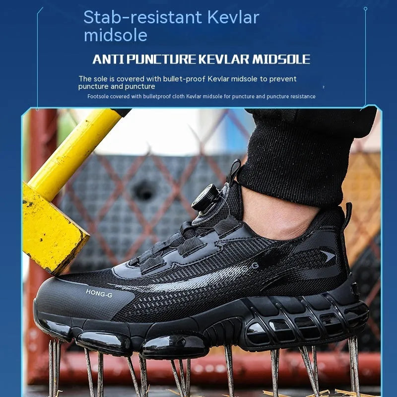 Lightweight black safety work shoes with steel toe caps and breathable upper material