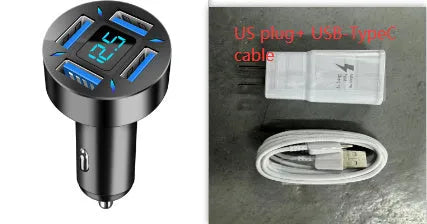 Four-port USB car charger with LED digital display showing compact black design