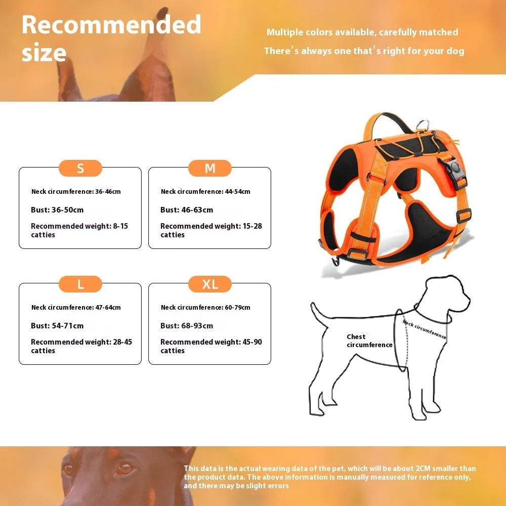 Reflective dog harness vest with integrated hand-holding rope leash in orange colour showing explosion-proof chest strap design