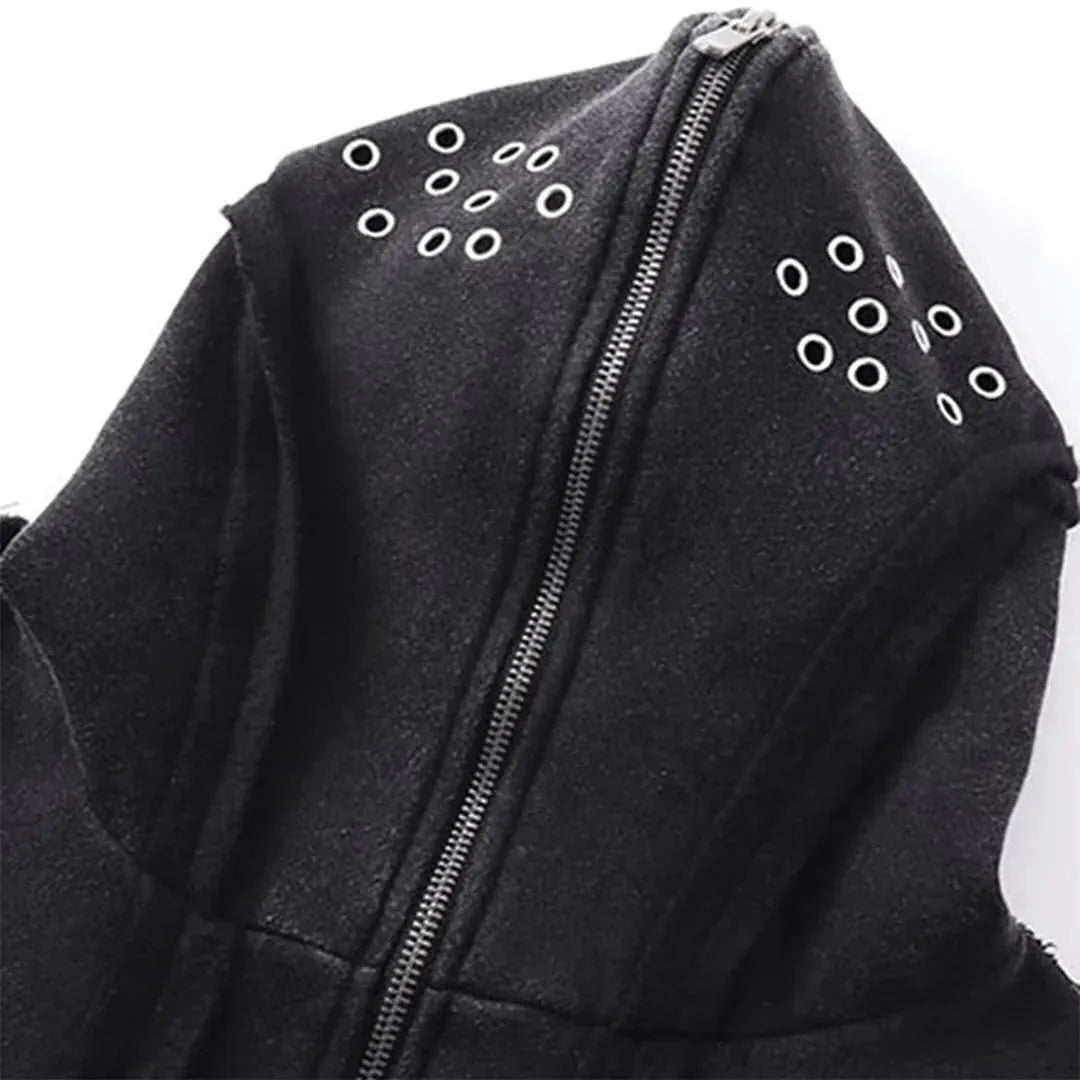 Black retro loose padded hooded coat with an abstract pattern and zip front.