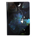 A5 notebook with luminous cover showing colour illustration pages inside, available in Deep Blue, Gold, Light Blue, or Purple colours