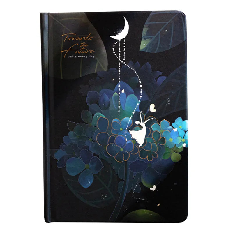 A5 notebook with luminous cover showing colour illustration pages inside, available in Deep Blue, Gold, Light Blue, or Purple colours