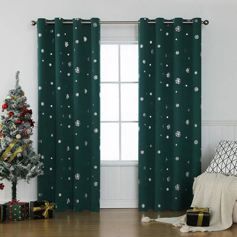 Red snowflake pattern shade cloth curtain with iron hoop hanging tabs.