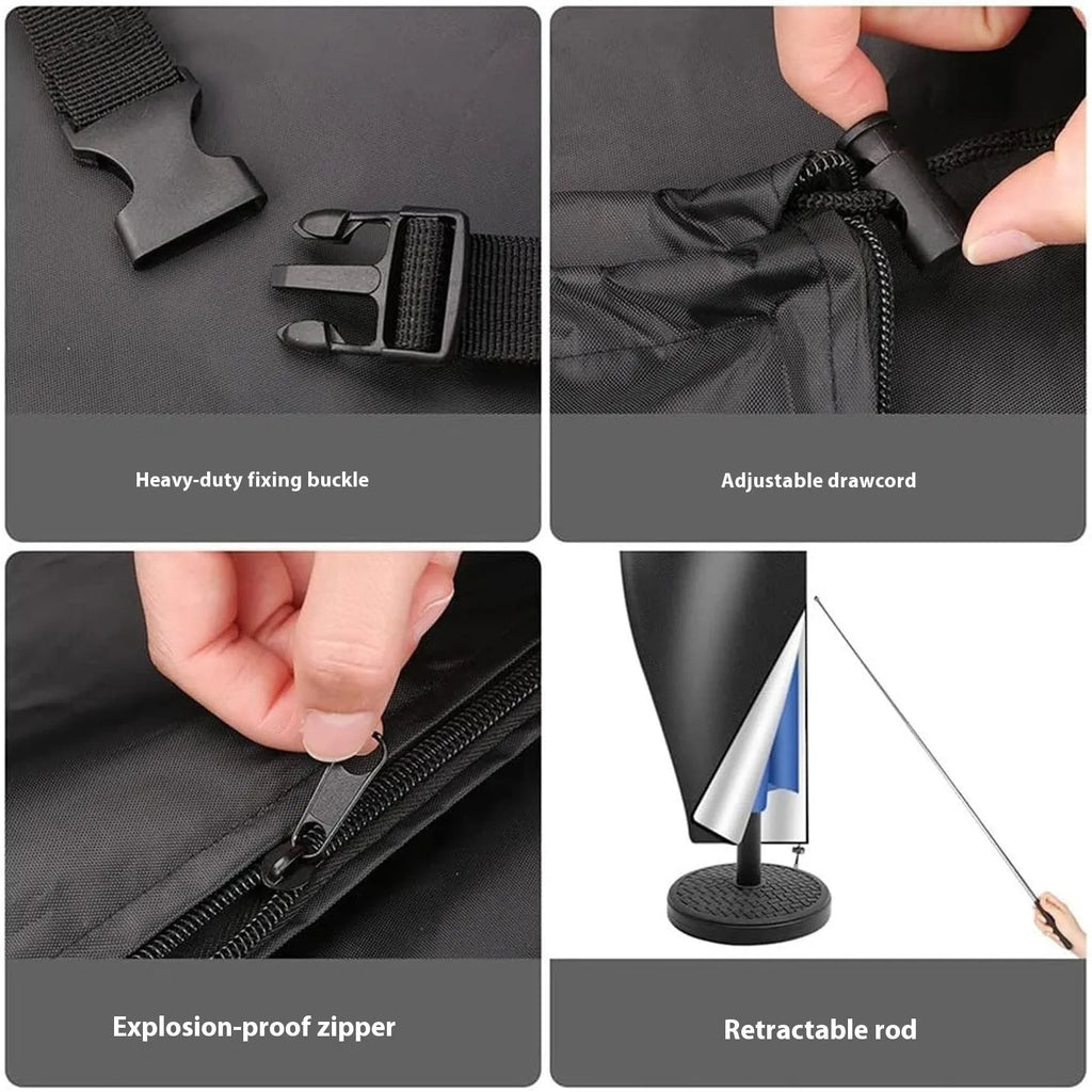 Black outdoor waterproof cover for a banana-shaped patio umbrella on a garden table