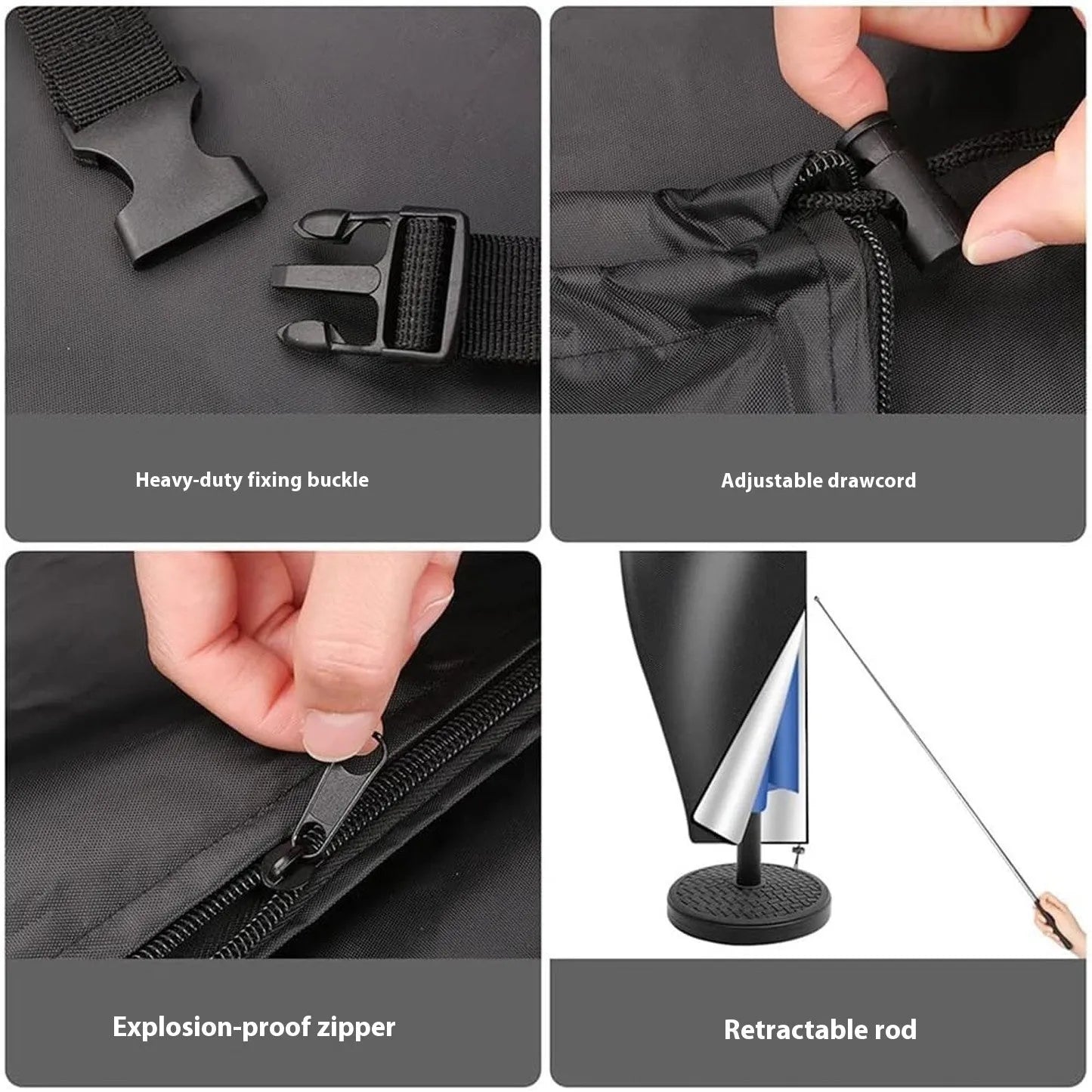 Black outdoor waterproof cover for a banana-shaped patio umbrella on a garden table
