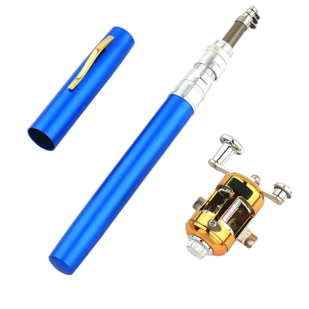 Compact telescopic fishing rod retracted inside its aluminium pen case, with gold ST5RL reel attached.