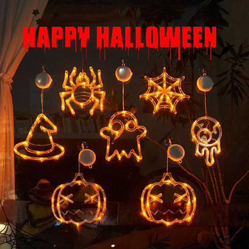 Halloween window hanging LED lights with spider, pumpkin and ghost designs on suction cups