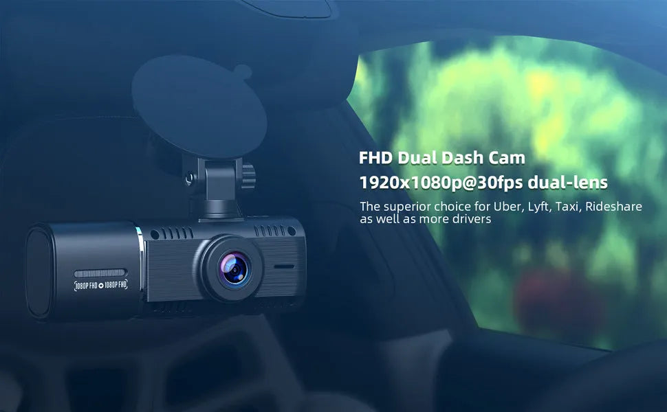 Standard black front and rear dash camera with 1.5-inch screen on a car windscreen.