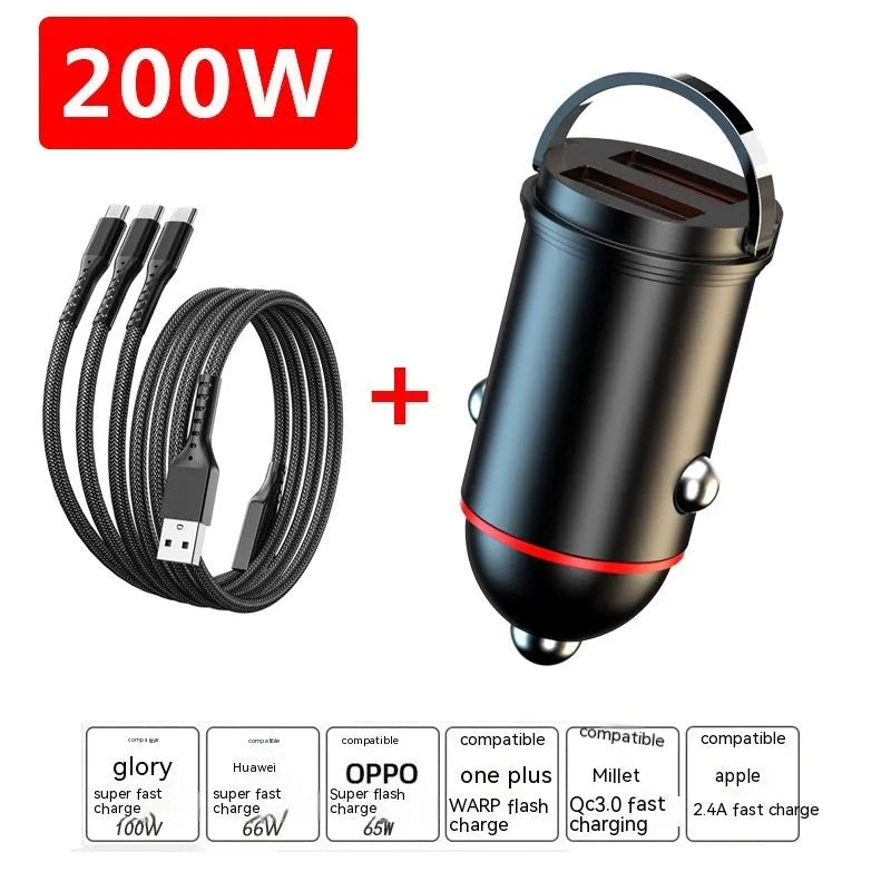Black 200W zinc alloy car charger with USB port measuring 38mm
