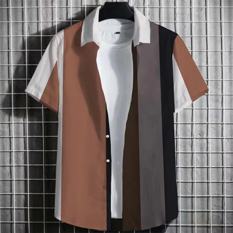 Men's linen short sleeve T-shirt with a 3D printed striped graphic design on the front.