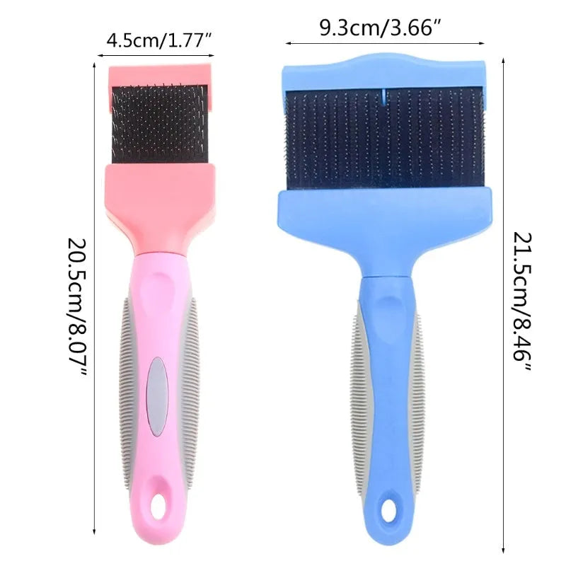 Blue double-sided pet brush with ergonomic handle shown next to pink version, displaying soft and firm stainless steel pin sides.