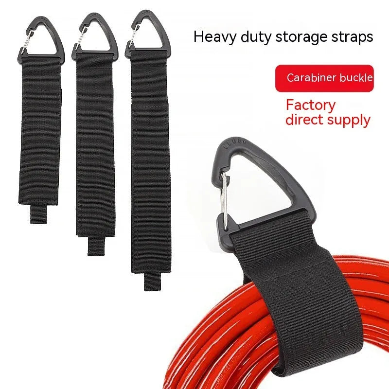 Black climbing button carabiner storage strap showing three size options for garage and outdoor organisation