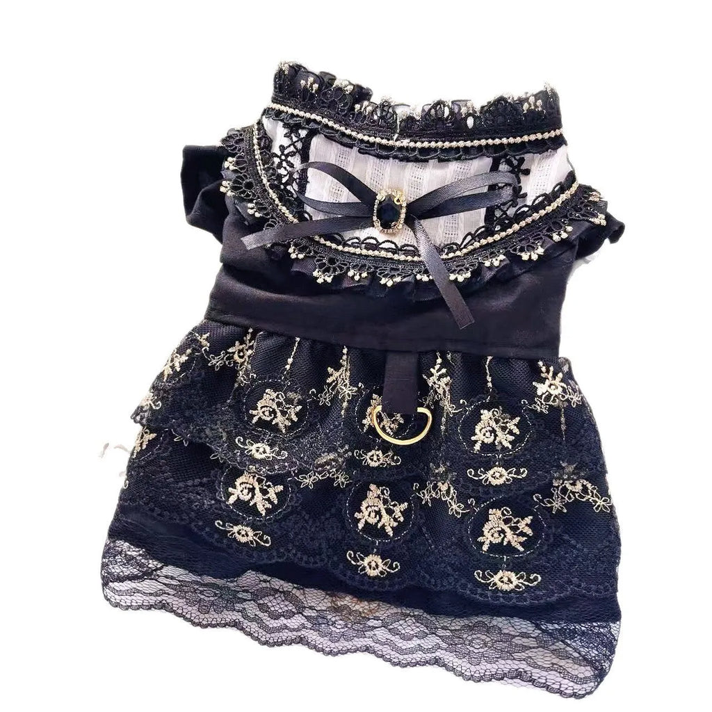 Golden gothic princess-style polyester skirt for cats and dogs showing detailed sizing options