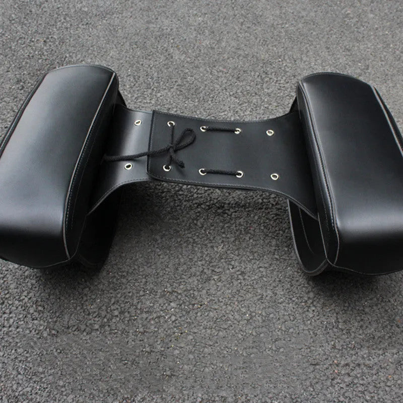 Black retro style motorcycle saddle bag made of PU leather mounted as a side box.