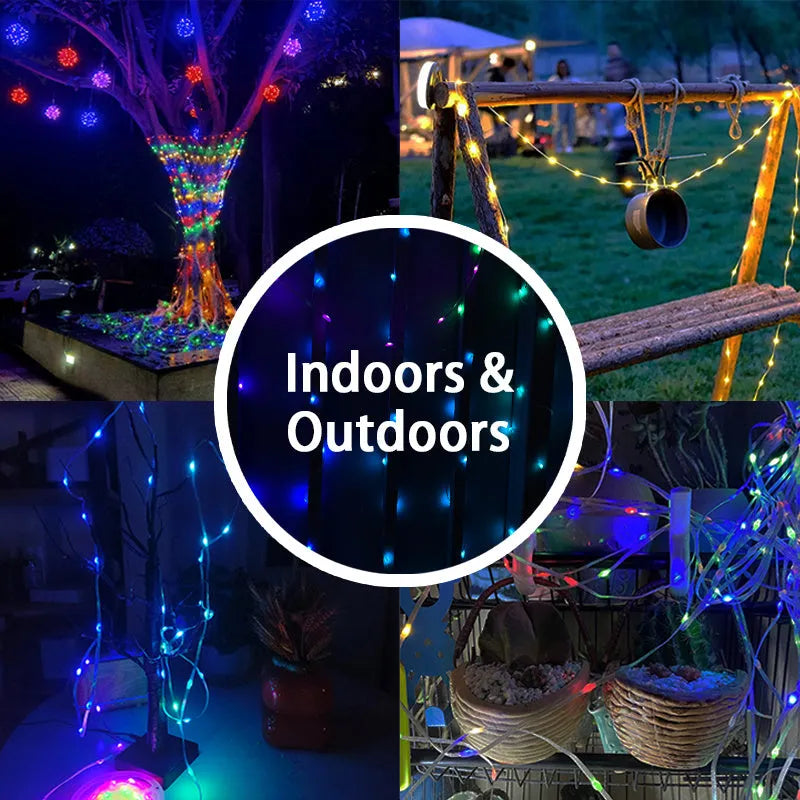 10-metre long multi-colour LED light string with 100 bulbs coiled on a table.