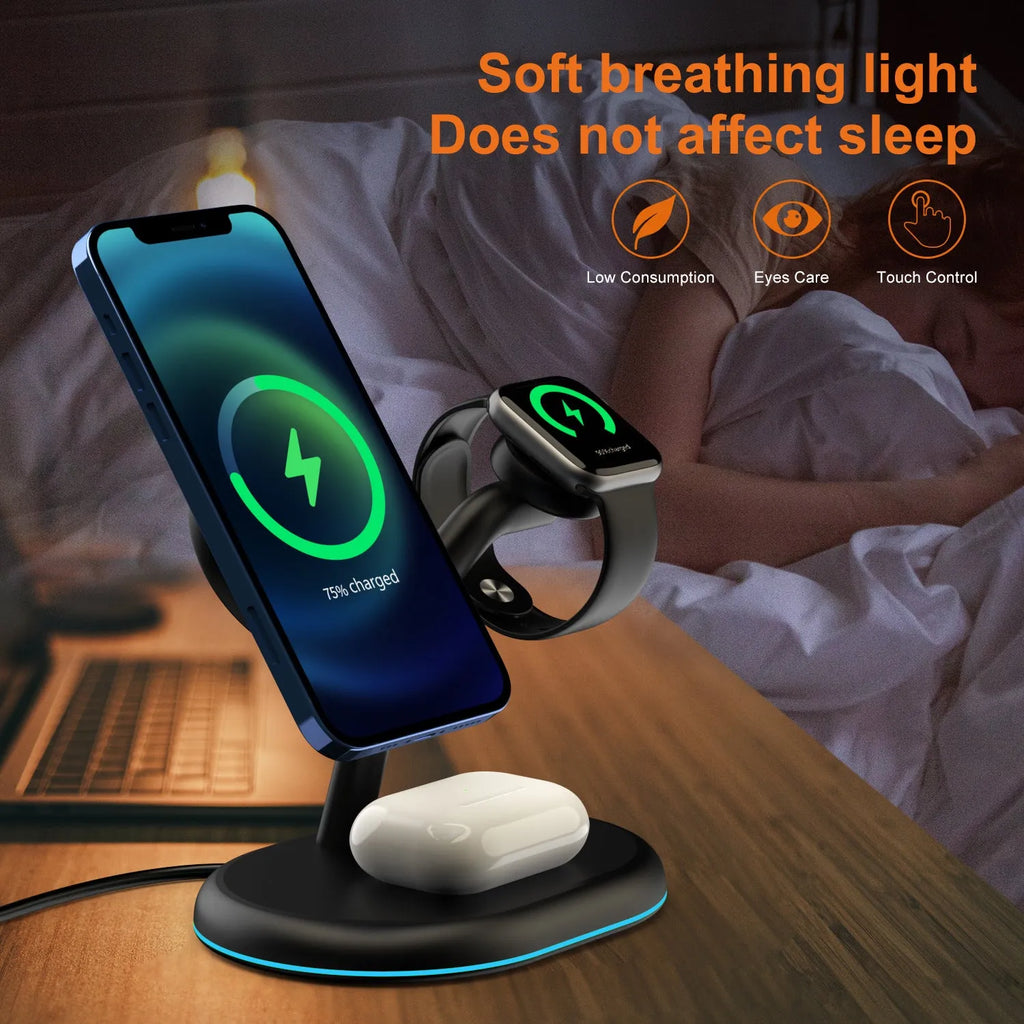Black minimalist three-in-one magnetic wireless fast charging pad on a wooden desk.