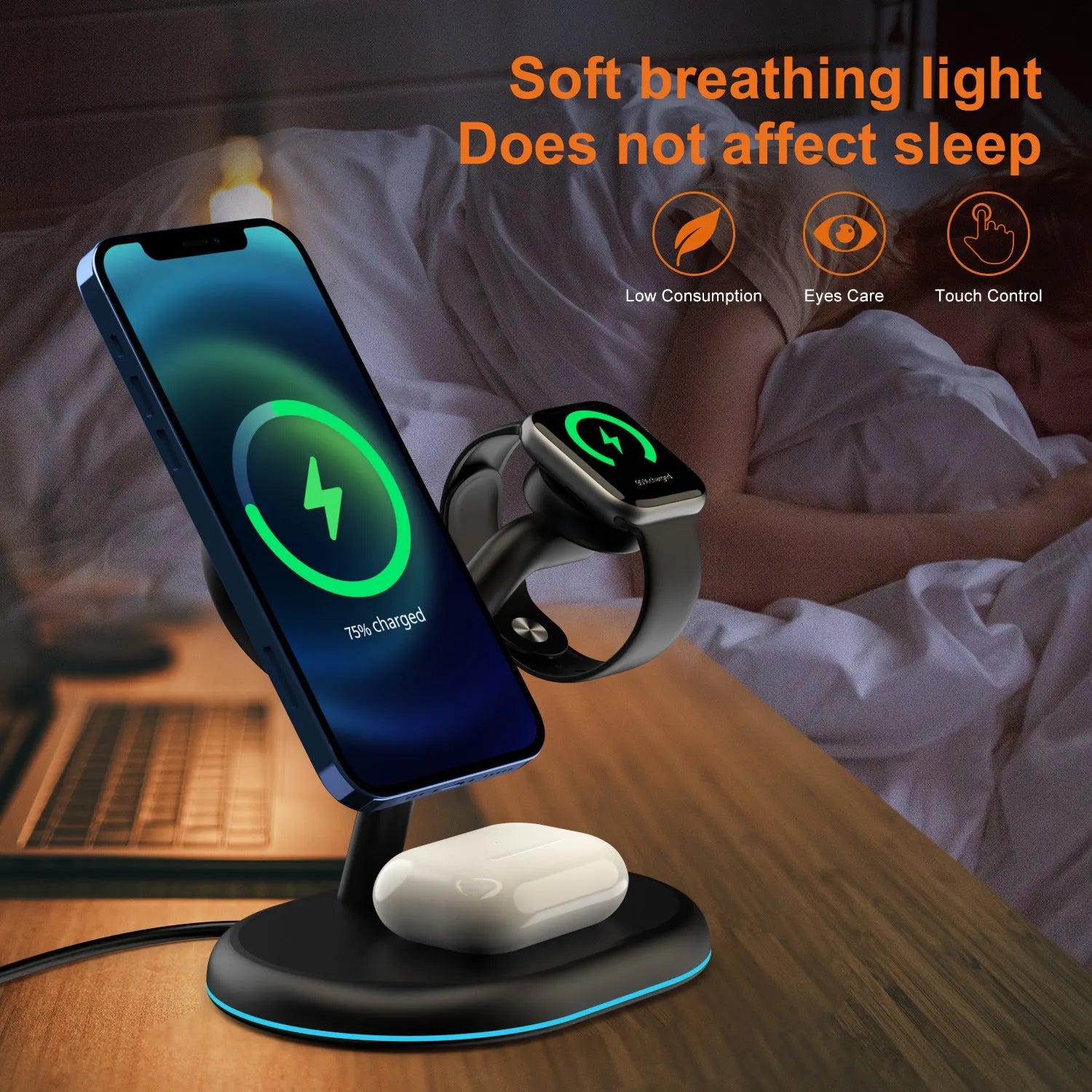 Black minimalist three-in-one magnetic wireless fast charging pad on a wooden desk.