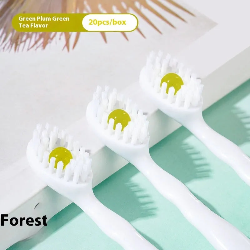 Box of 20 disposable bead toothbrushes for travel, shown with mint and peach flavour options.