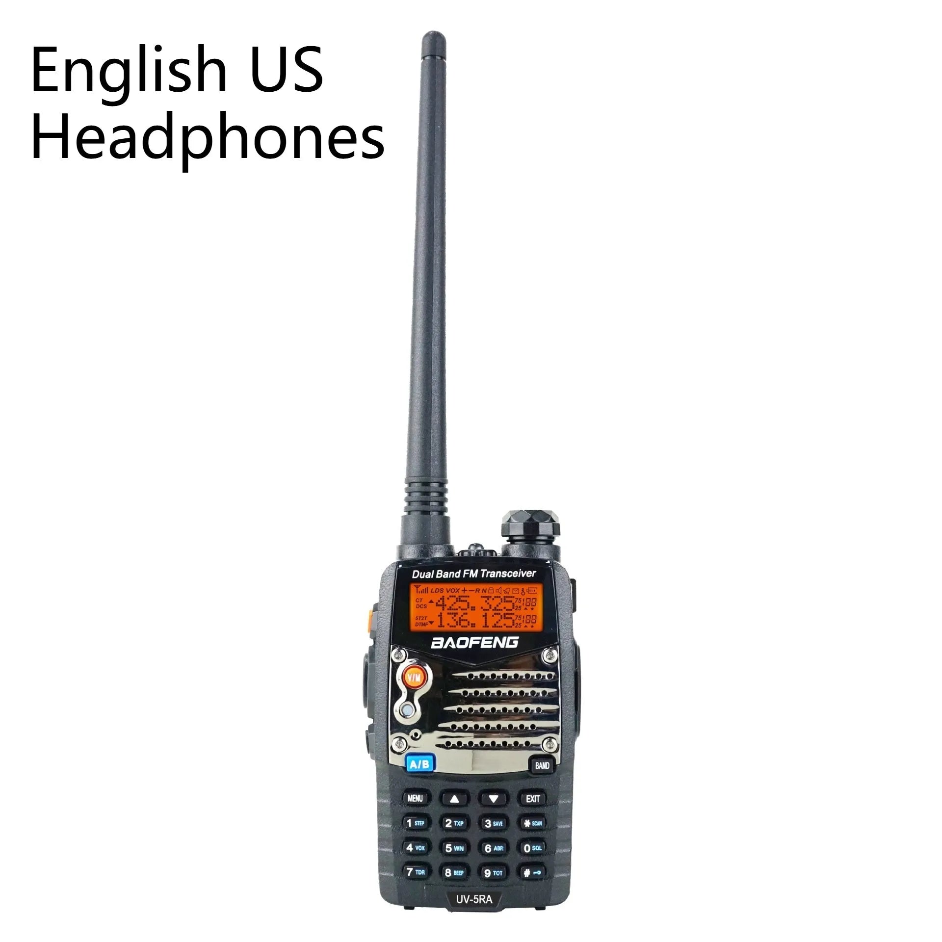 Baofeng UV-5RA black handheld dual-band radio with display screen and antenna.