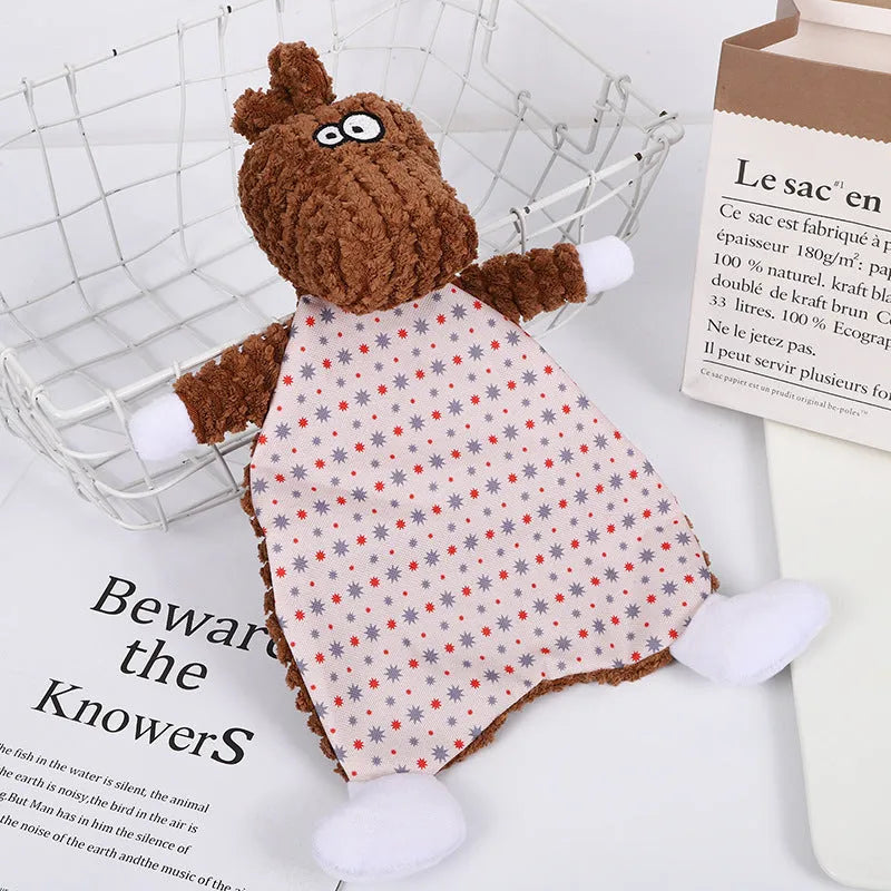 Brown plush fox dog toy with squeaker on a grey background.