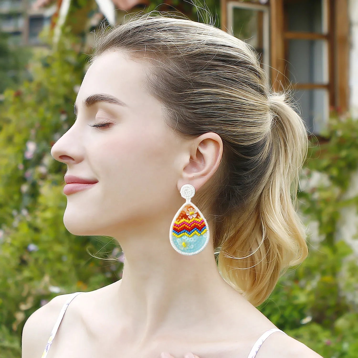 Hand-woven geometric beaded earrings in literary retro style with rainbow pattern, 6.7cm