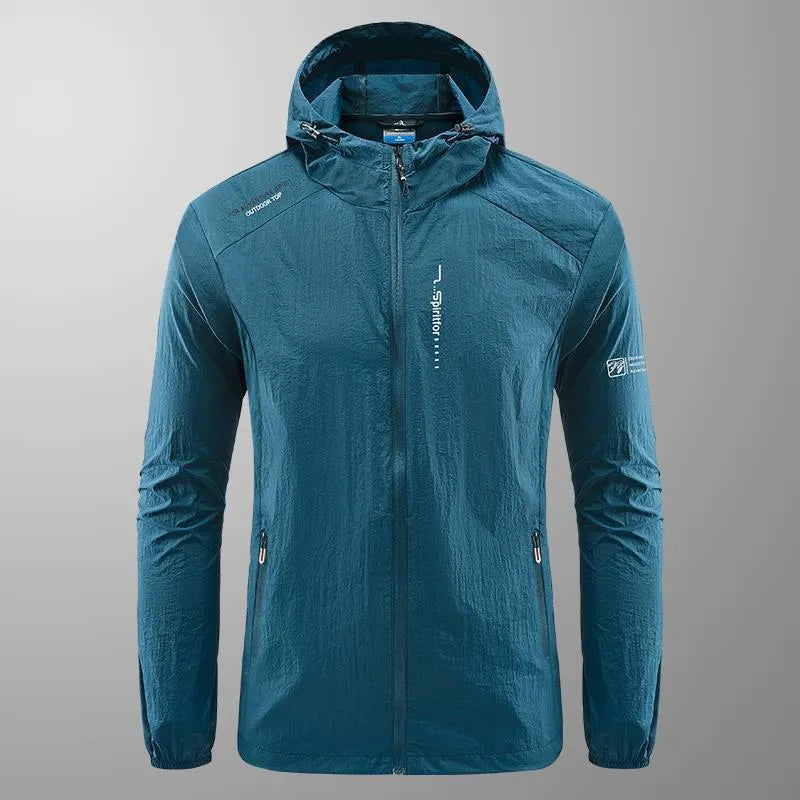 Men's lightweight nylon hooded summer jacket in loose fitting style for outdoor sun protection