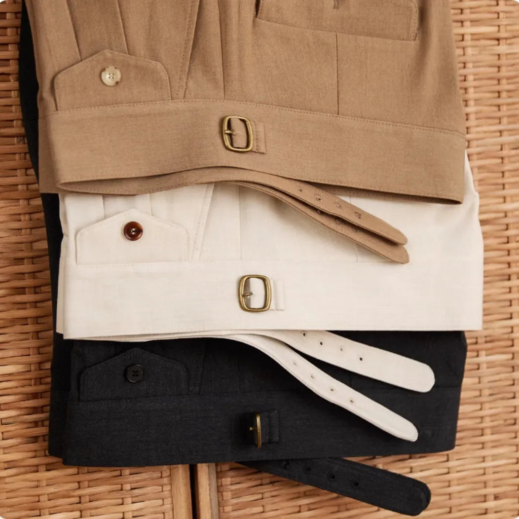 Slim fit straight leg business trousers for men in dark grey, light brown, and light apricot colours