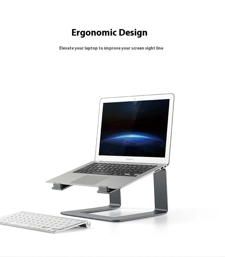Black aluminium alloy laptop stand with 29.9 cm width on desktop