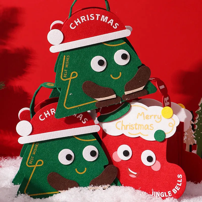 Green felt gift bag for Christmas gift wrapping with festive design
