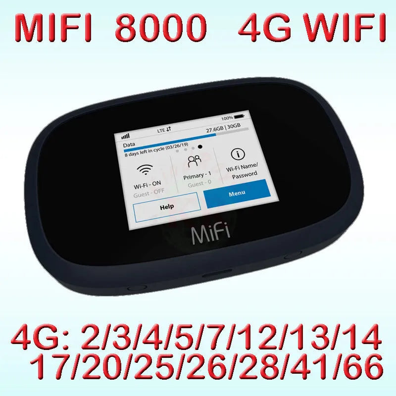 Black MiFi8000 portable 4G wireless router with compact rectangular design