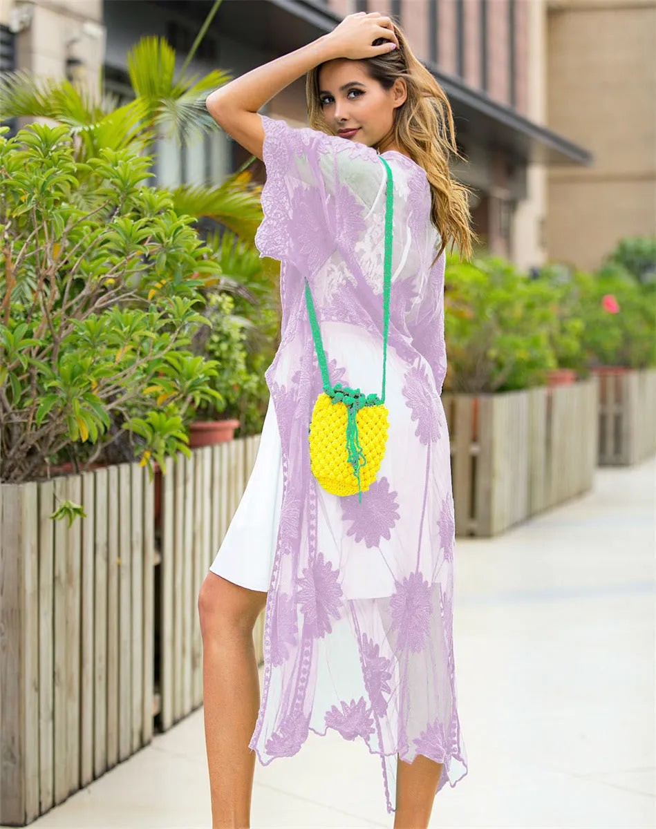 Light purple lace embroidery beach dress cardigan for swimming cover-up