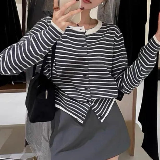 Women's dark grey and white striped French style cardigan coat with slim fit and 40cm length