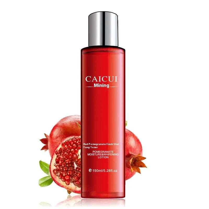 Pomegranate skincare set with four red bottles: cleanser, toner, lotion, and facial cream