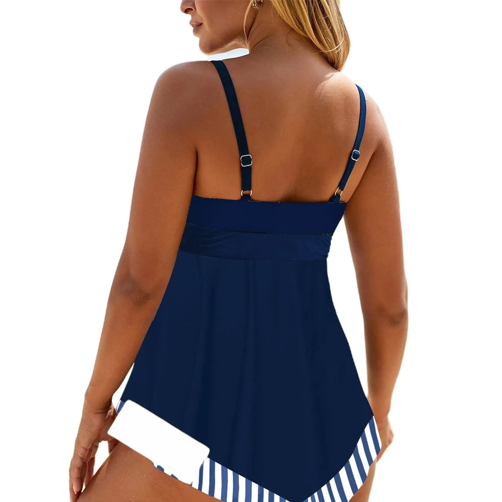 Plus size two-piece bikini swimsuit in blue on a mannequin, showing briefs style and sleeveless top.