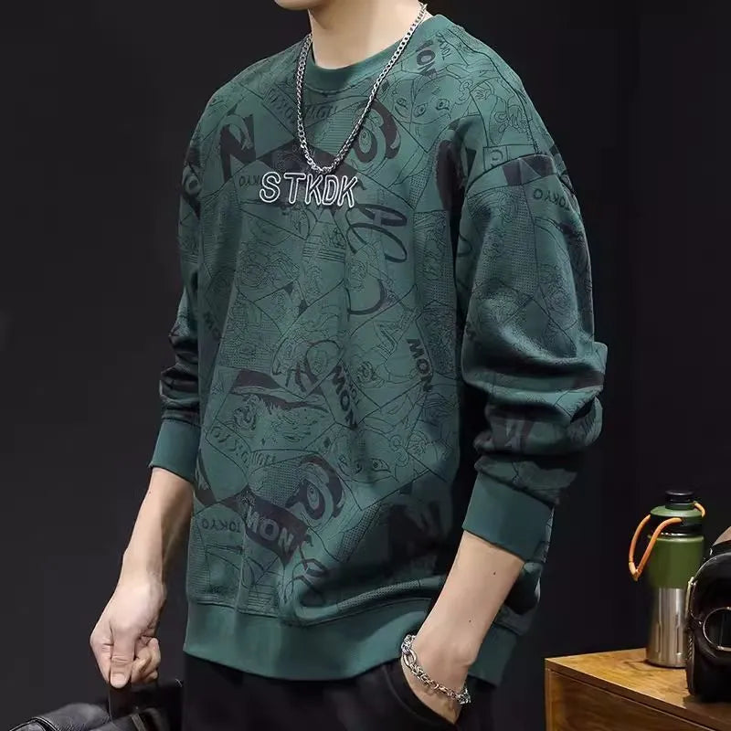 Men's round neck print sweatshirt, long sleeve, loose fit, wool lining, brown colour