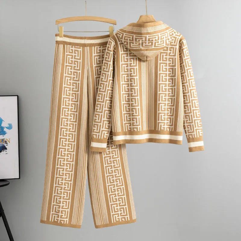 Women's casual knit two-piece set with hooded top and wide leg pants in khaki colour