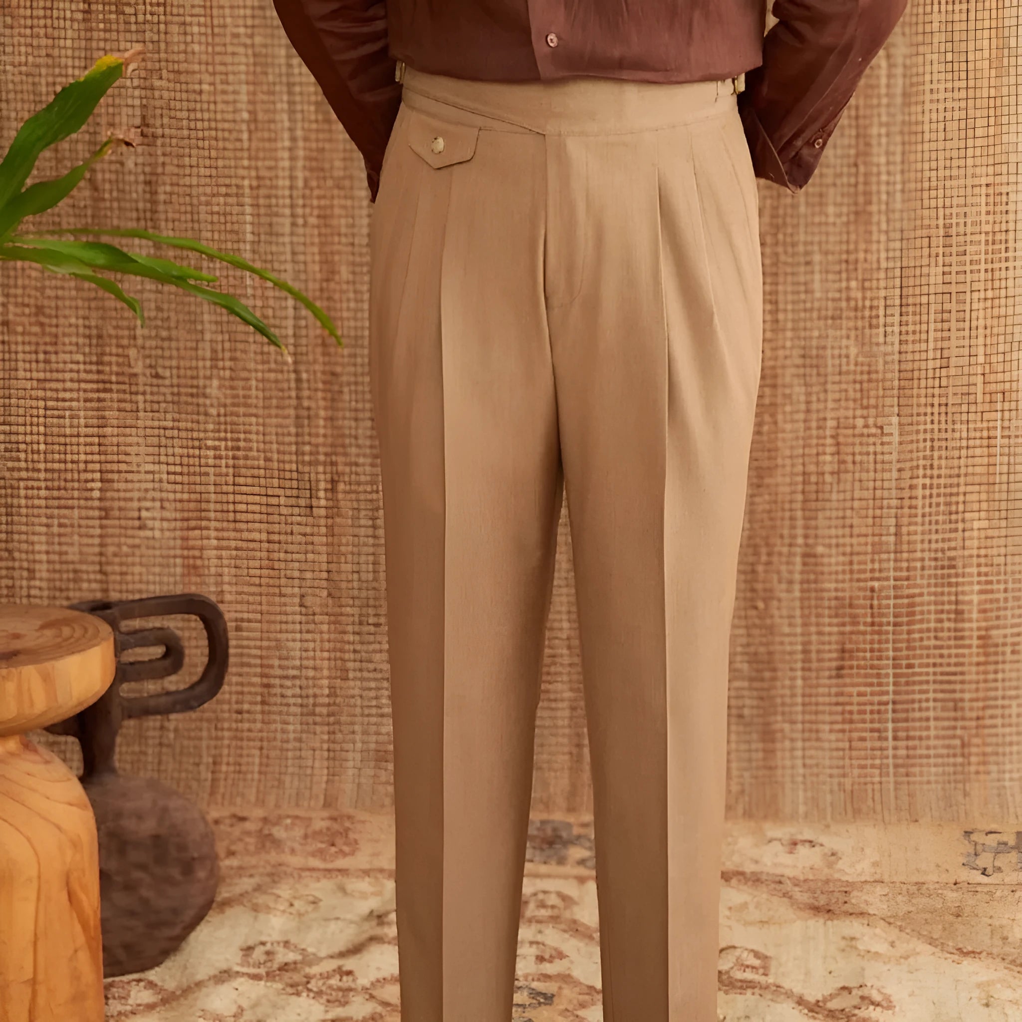 Slim fit straight leg business trousers for men in dark grey, light brown, and light apricot colours