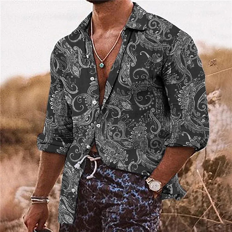 Men's loose fit shirt with 3D floral digital printing and long sleeves for business and casual wear
