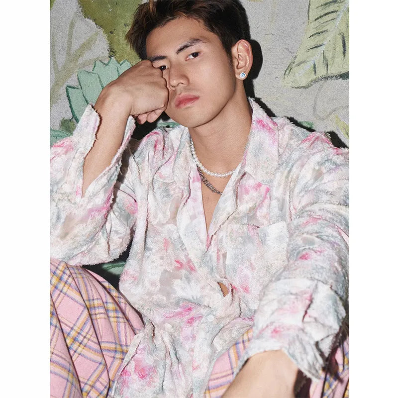 Long sleeve floral shirt with embossed three-dimensional pattern in polyester blend fabric available in pink or blue