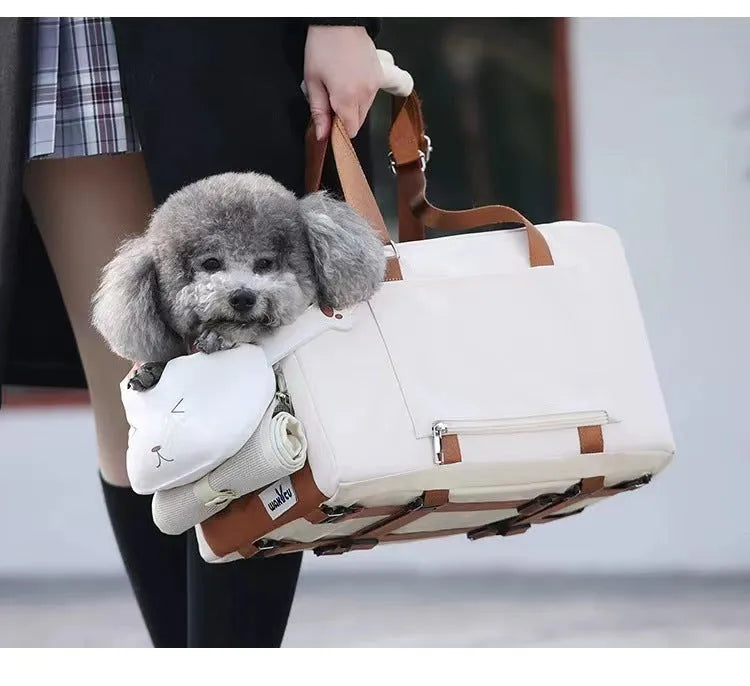 Beige hard-shell portable cat carrier flight case with one-shoulder strap, dimensions 43cm by 25cm by 22.5cm.