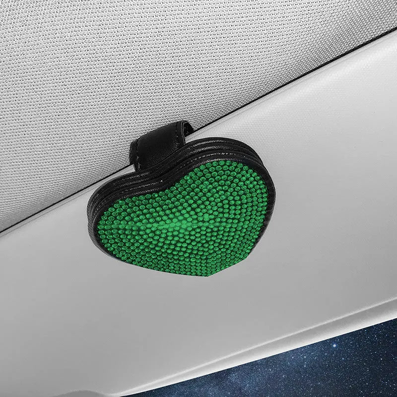 Diamond-encrusted PU leather car sun visor clip with magnetic closure for glasses and document storage