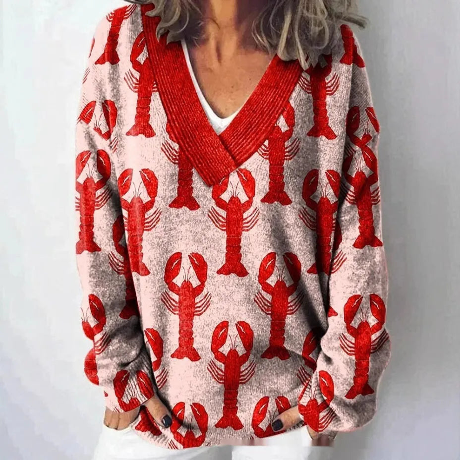 Women's grey 3D floral print sweatshirt with V-neck and long sleeves on a hanger