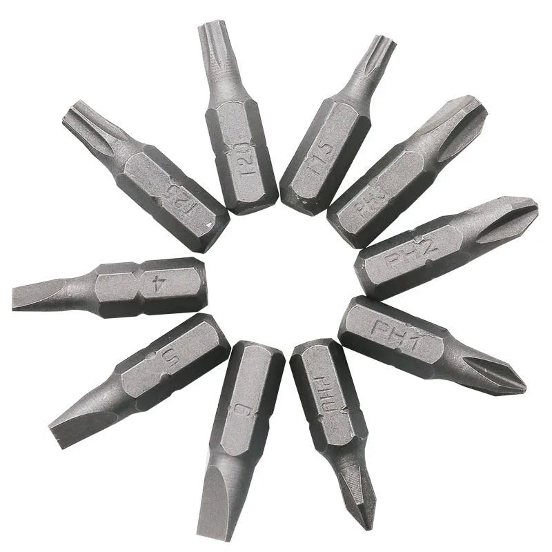L-type double-headed socket wrench with 10 steel screwdriver bits on workbench