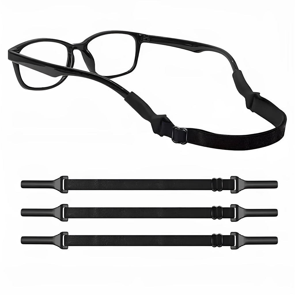 Black adjustable glasses anti-slip cord with silicone end hooks for earpieces.