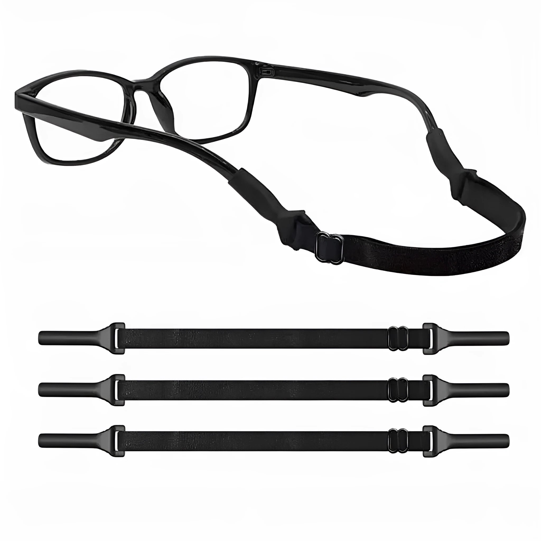 Black adjustable glasses anti-slip cord with silicone end hooks for earpieces.