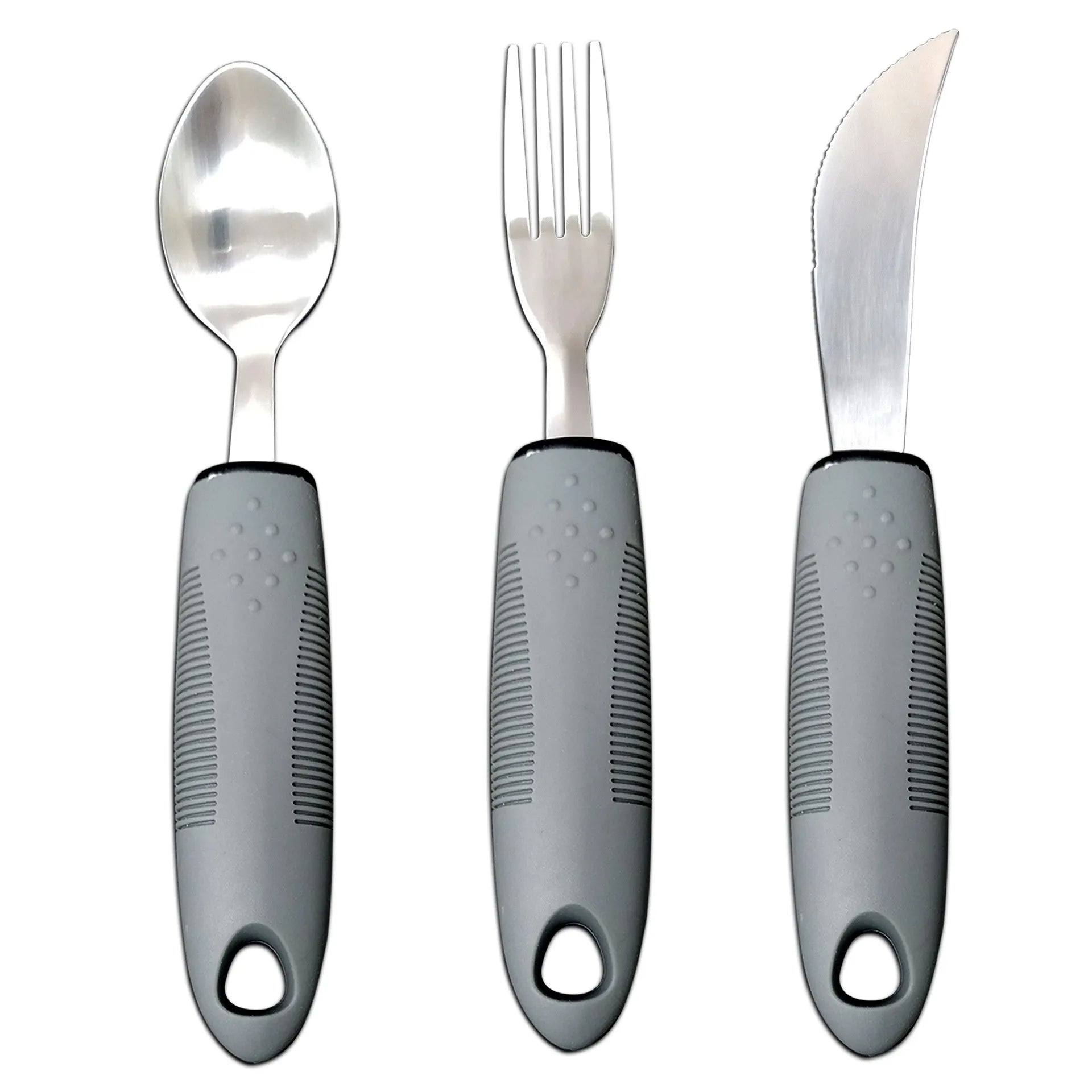 Stainless steel anti-shake cutlery set with rubber handles for adult mealtime assistance