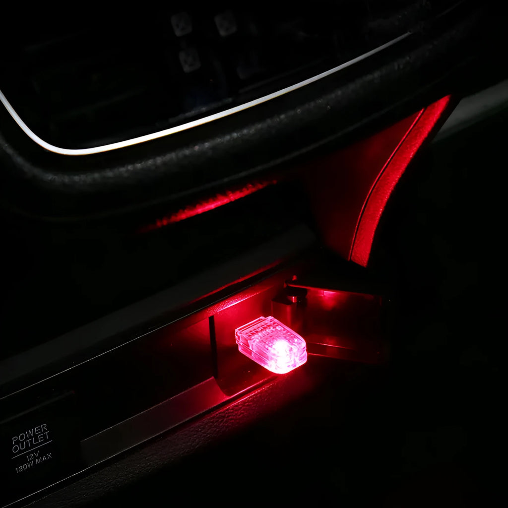 Car USB ambience light with touch switch showing RGB colour-changing and fixed blue, white, pink, and ice blue modes.